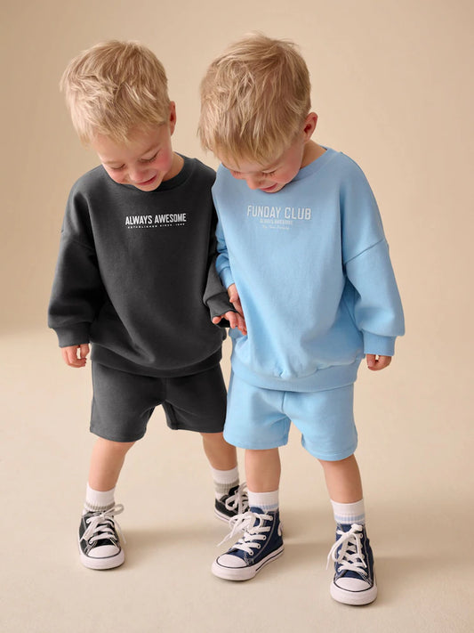 |Boy| Conjunto De Moletom e Shorts Em Cinza Carvão e Azul (2 peças, tamanhos de 3 meses a 7 anos)