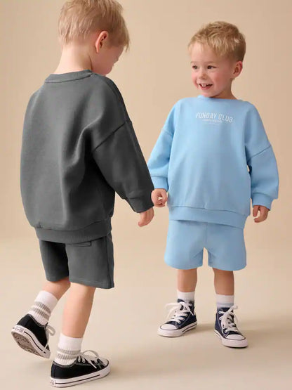 |Boy| Conjunto De Moletom e Shorts Em Cinza Carvão e Azul (2 peças, tamanhos de 3 meses a 7 anos)