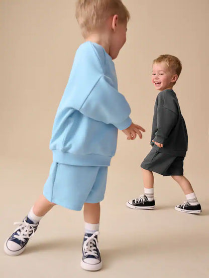 |Boy| Conjunto De Moletom e Shorts Em Cinza Carvão e Azul (2 peças, tamanhos de 3 meses a 7 anos)
