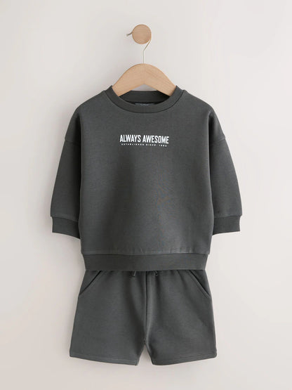 |Boy| Conjunto De Moletom e Shorts Em Cinza Carvão e Azul (2 peças, tamanhos de 3 meses a 7 anos)