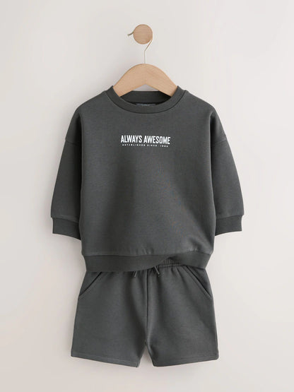|Boy| Conjunto De Moletom e Shorts Em Cinza Carvão e Azul (2 peças, tamanhos de 3 meses a 7 anos)