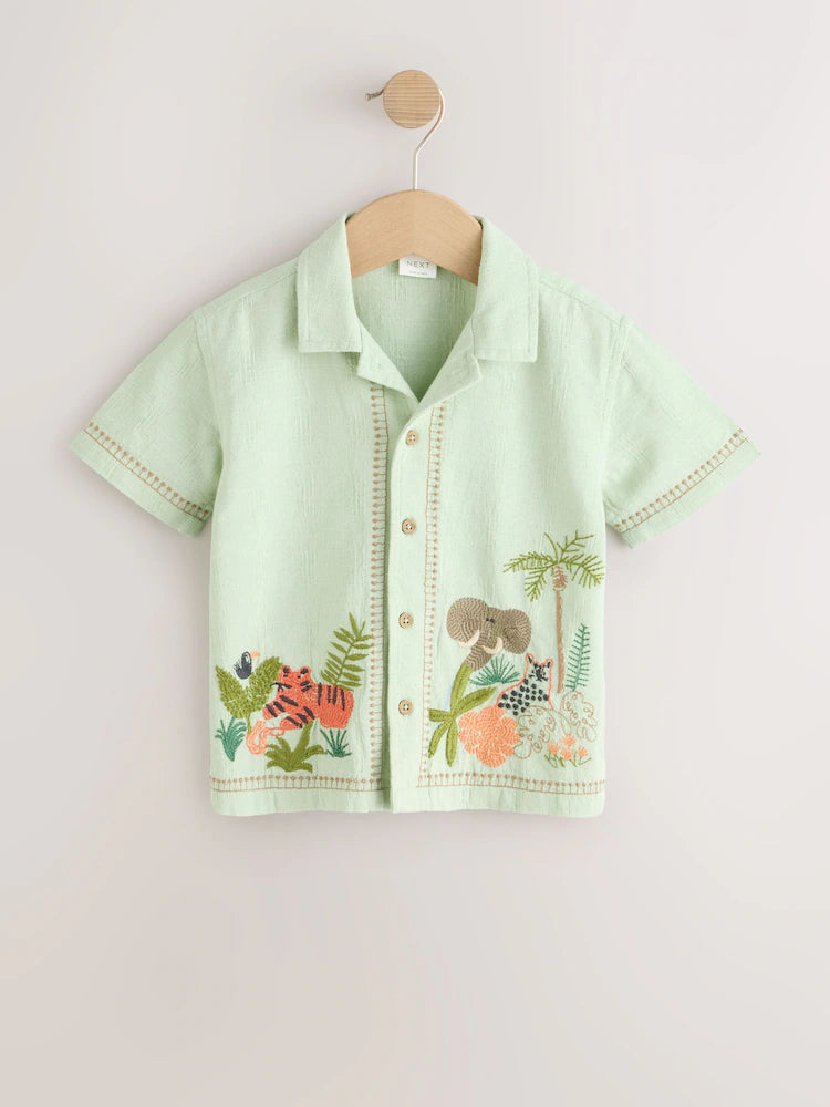 |Boy| Camisa De Manga Curta Com Bordado Safari Verde Menta (3 meses a 7 anos)