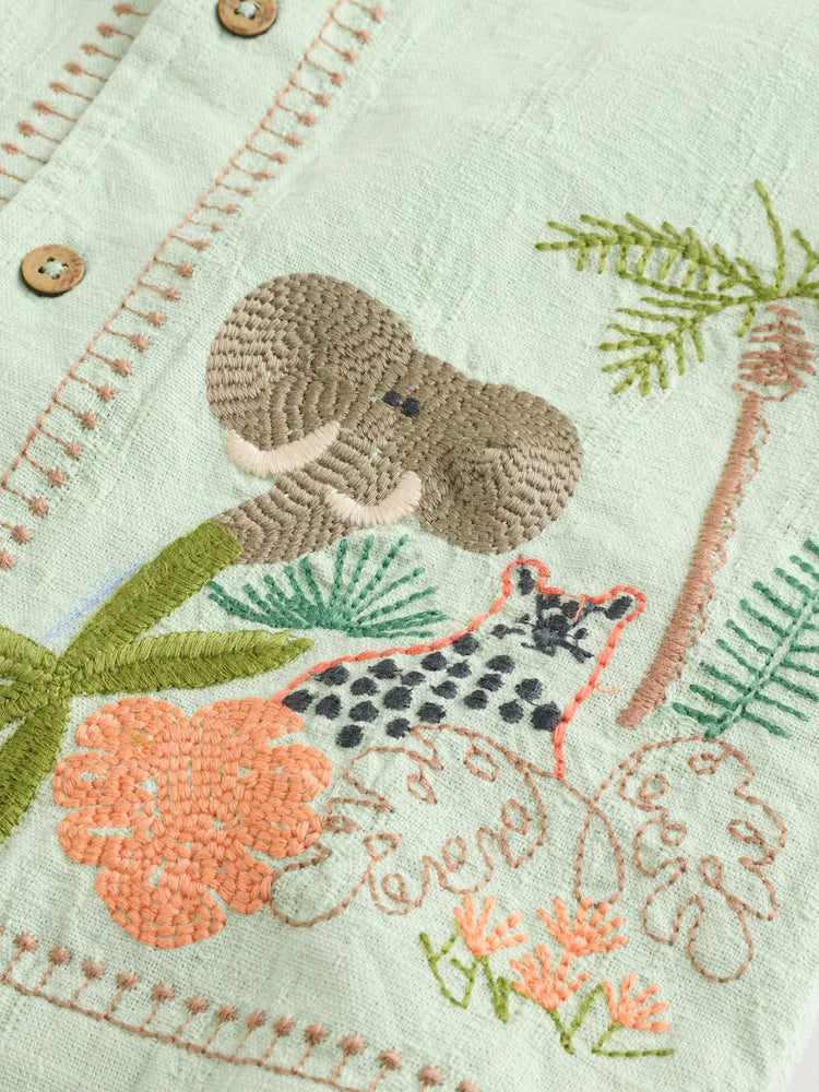 |Boy| Camisa De Manga Curta Com Bordado Safari Verde Menta (3 meses a 7 anos)