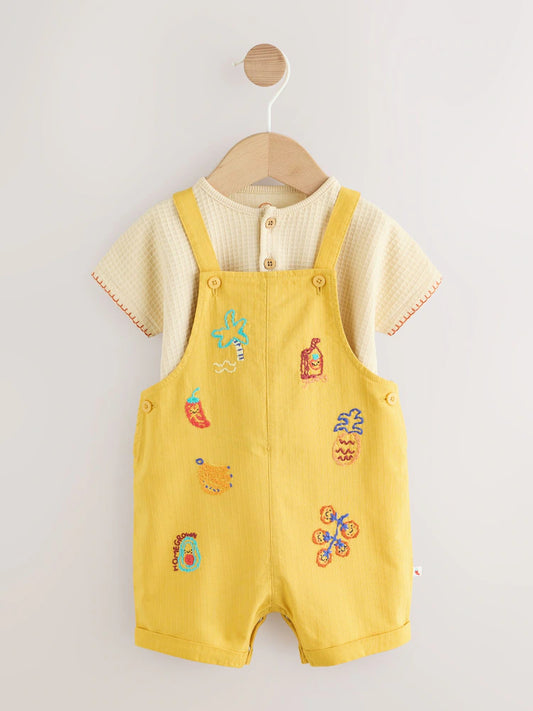 |BabyGirl| Conjunto De Jardineira e Body para Bebê com Estampa de Frutas e Legumes Amarelos (0 meses a 2 anos)
