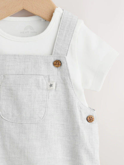 |BabyBoy| Conjunto De Jardineira e Body Para Bebê Em Mistura De Linho e Algodão Cinza (0 meses a 2 anos)