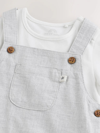 |BabyBoy| Conjunto De Jardineira e Body Para Bebê Em Mistura De Linho e Algodão Cinza (0 meses a 2 anos)