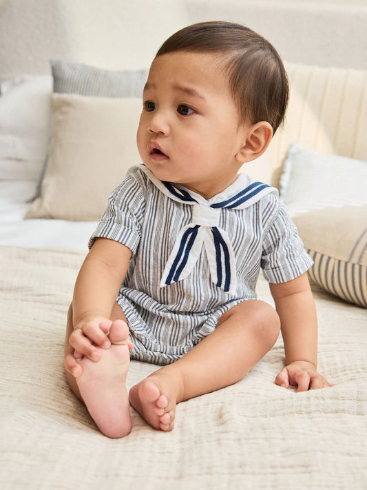 |BabyBoy| Macacão Infantil Listrado Azul (0 meses a 3 anos)
