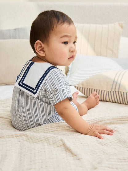 |BabyBoy| Macacão Infantil Listrado Azul (0 meses a 3 anos)