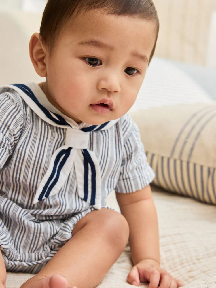 |BabyBoy| Macacão Infantil Listrado Azul (0 meses a 3 anos)