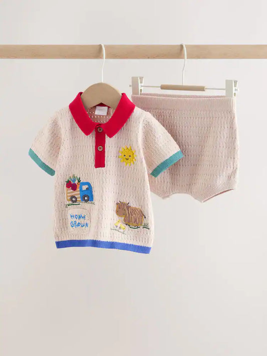 |BabyBoy| Conjunto De Blusa e Shorts De Tricô Para Bebê Em Tons Neutros/Coloridos (0 meses a 2 anos)