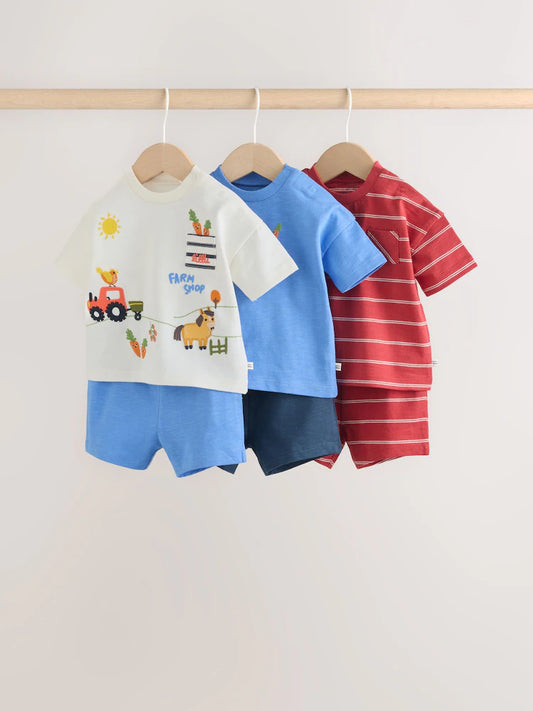 |BabyBoy| Conjunto De Bebê Homegrown Farm, 6 peças (0 meses a 3 anos), Blusa e Shorts Nas Cores Azul e Vermelho
