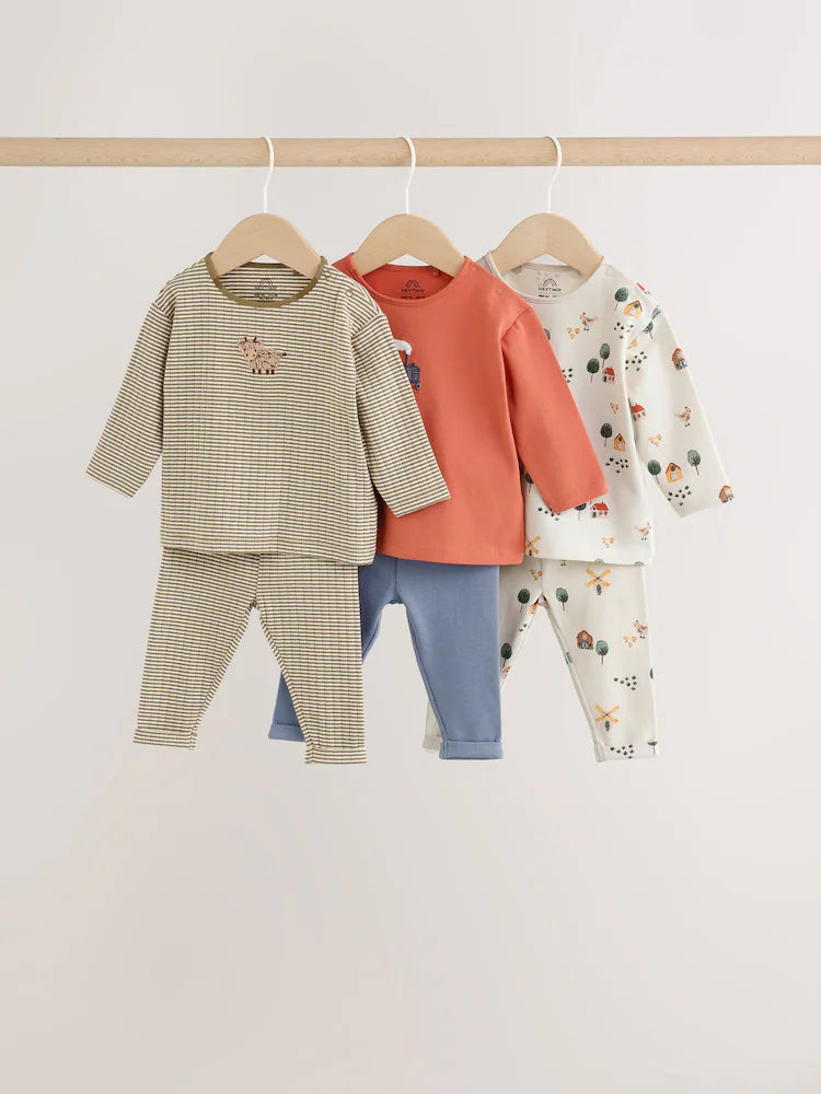 |BabyBoy| Conjunto De 6 Peças Hamish Farm (marrom/azul/creme): Blusa e Leggings Para Bebês (0 meses a 3 anos)
