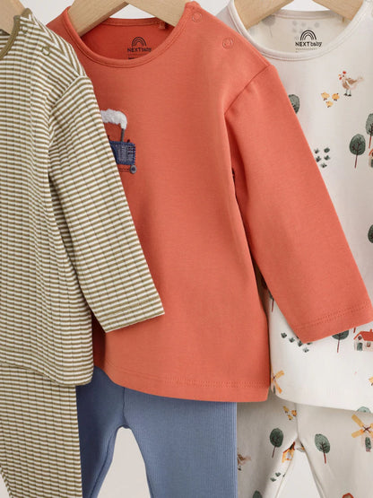 |BabyBoy| Conjunto De 6 Peças Hamish Farm (marrom/azul/creme): Blusa e Leggings Para Bebês (0 meses a 3 anos)