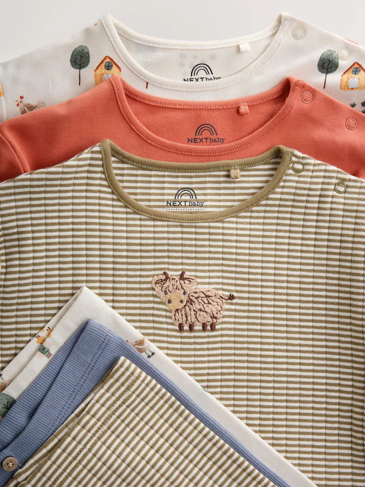 |BabyBoy| Conjunto De 6 Peças Hamish Farm (marrom/azul/creme): Blusa e Leggings Para Bebês (0 meses a 3 anos)