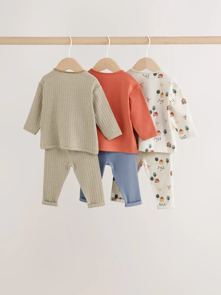 |BabyBoy| Conjunto De 6 Peças Hamish Farm (marrom/azul/creme): Blusa e Leggings Para Bebês (0 meses a 3 anos)