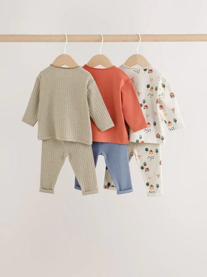 |BabyBoy| Conjunto De 6 Peças Hamish Farm (marrom/azul/creme): Blusa e Leggings Para Bebês (0 meses a 3 anos)
