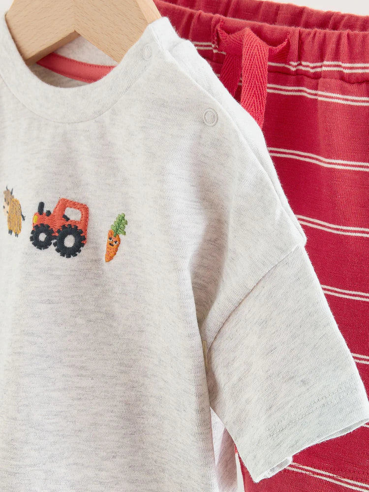 |BabyBoy| Conjunto Infantil Com Blusa e Shorts Estampados Com Tema De Fazenda Vermelha (0 meses a 2 anos)