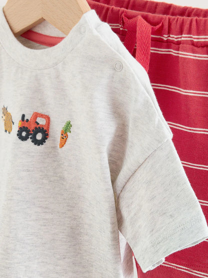 |BabyBoy| Conjunto Infantil Com Blusa e Shorts Estampados Com Tema De Fazenda Vermelha (0 meses a 2 anos)