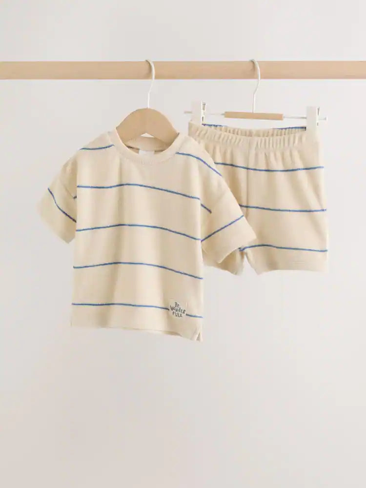 |BabyBoy| Conjunto Para Bebê Em Tecido Atoalhado, Composto Por Blusa Listrada Em Tons Neutros/Azuis e Shorts (0 meses a 2 anos)