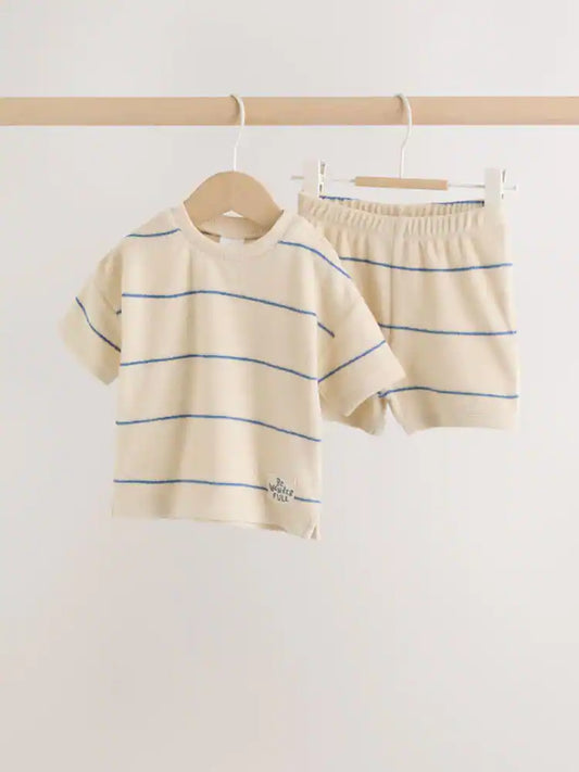 |BabyBoy| Conjunto Para Bebê Em Tecido Atoalhado, Composto Por Blusa Listrada Em Tons Neutros/Azuis e Shorts (0 meses a 2 anos)