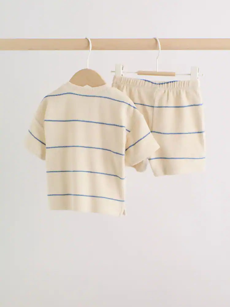 |BabyBoy| Conjunto Para Bebê Em Tecido Atoalhado, Composto Por Blusa Listrada Em Tons Neutros/Azuis e Shorts (0 meses a 2 anos)
