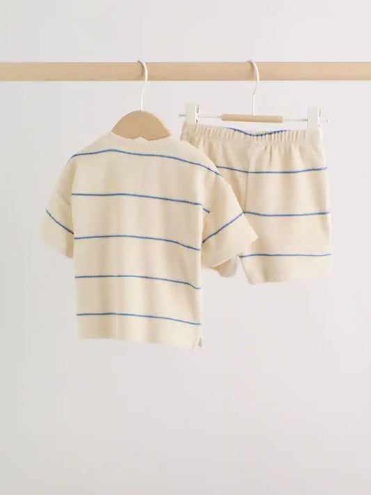 |BabyBoy| Conjunto Para Bebê Em Tecido Atoalhado, Composto Por Blusa Listrada Em Tons Neutros/Azuis e Shorts (0 meses a 2 anos)