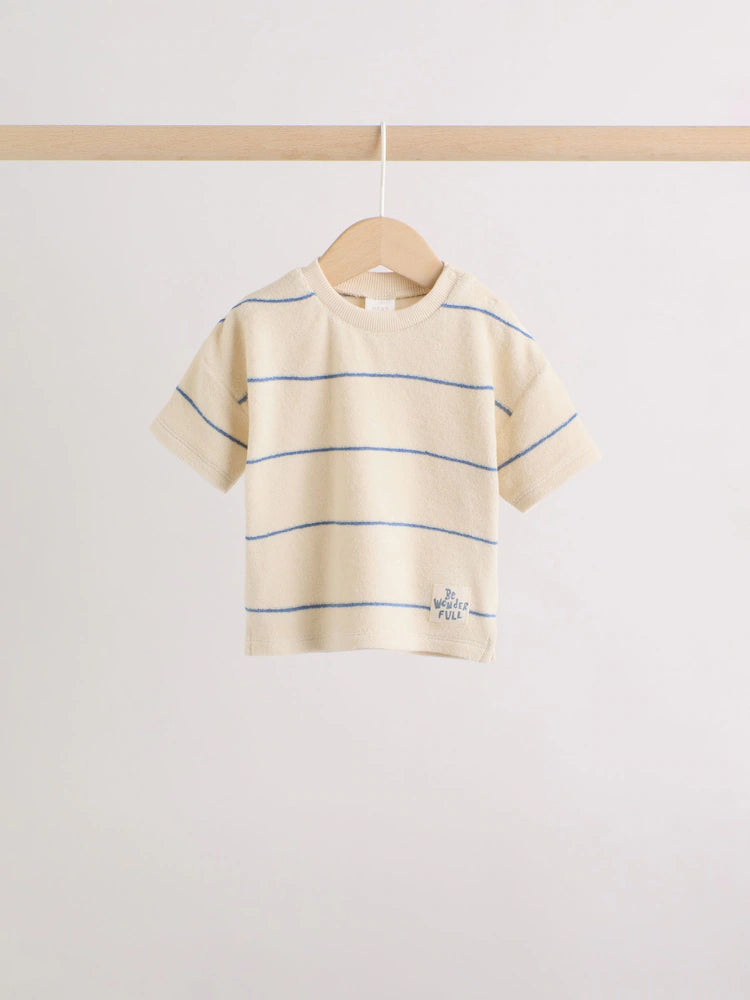 |BabyBoy| Conjunto Para Bebê Em Tecido Atoalhado, Composto Por Blusa Listrada Em Tons Neutros/Azuis e Shorts (0 meses a 2 anos)