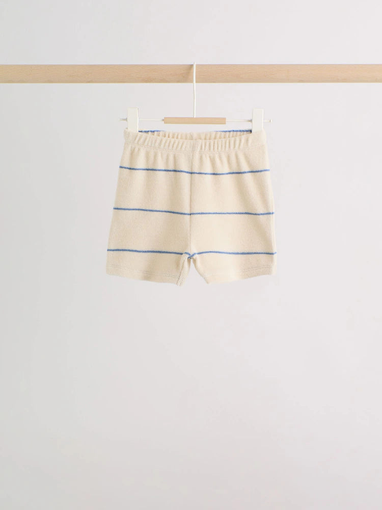 |BabyBoy| Conjunto Para Bebê Em Tecido Atoalhado, Composto Por Blusa Listrada Em Tons Neutros/Azuis e Shorts (0 meses a 2 anos)