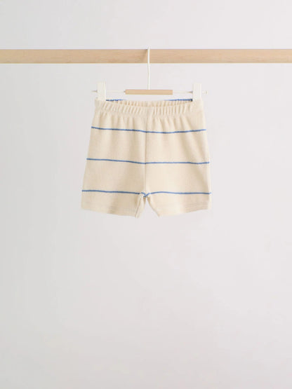 |BabyBoy| Conjunto Para Bebê Em Tecido Atoalhado, Composto Por Blusa Listrada Em Tons Neutros/Azuis e Shorts (0 meses a 2 anos)