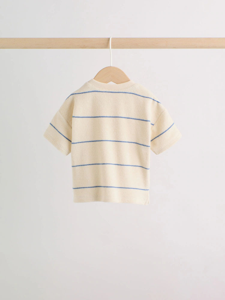 |BabyBoy| Conjunto Para Bebê Em Tecido Atoalhado, Composto Por Blusa Listrada Em Tons Neutros/Azuis e Shorts (0 meses a 2 anos)