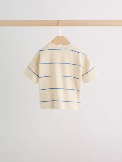 |BabyBoy| Conjunto Para Bebê Em Tecido Atoalhado, Composto Por Blusa Listrada Em Tons Neutros/Azuis e Shorts (0 meses a 2 anos)