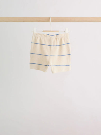 |BabyBoy| Conjunto Para Bebê Em Tecido Atoalhado, Composto Por Blusa Listrada Em Tons Neutros/Azuis e Shorts (0 meses a 2 anos)
