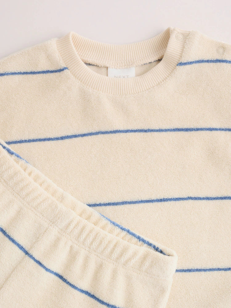 |BabyBoy| Conjunto Para Bebê Em Tecido Atoalhado, Composto Por Blusa Listrada Em Tons Neutros/Azuis e Shorts (0 meses a 2 anos)