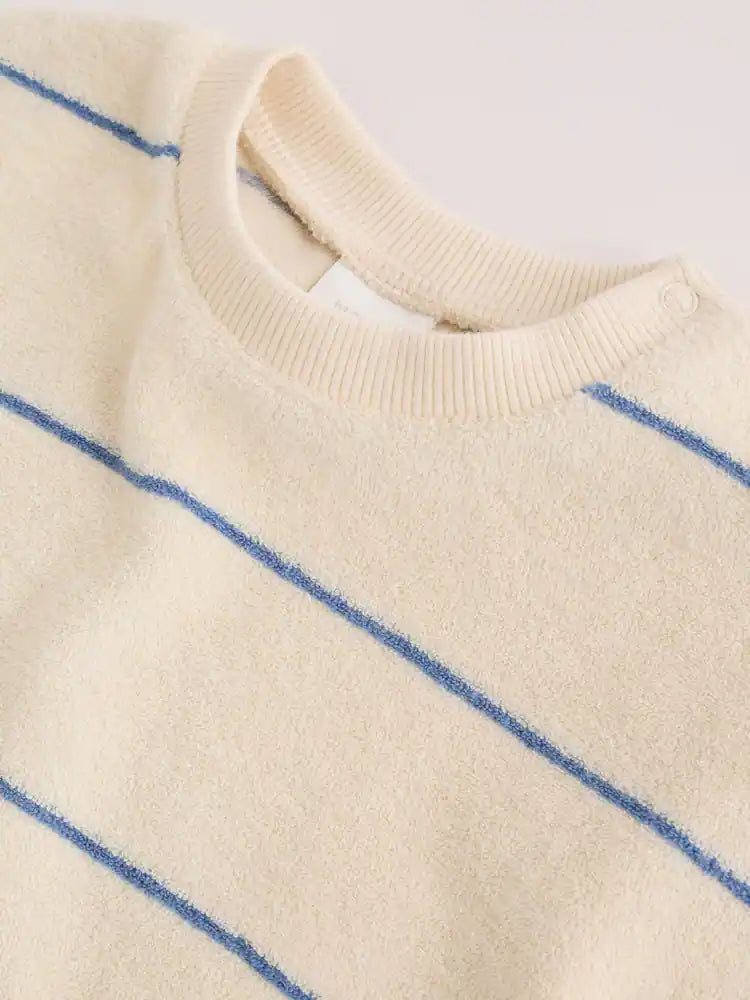 |BabyBoy| Conjunto Para Bebê Em Tecido Atoalhado, Composto Por Blusa Listrada Em Tons Neutros/Azuis e Shorts (0 meses a 2 anos)