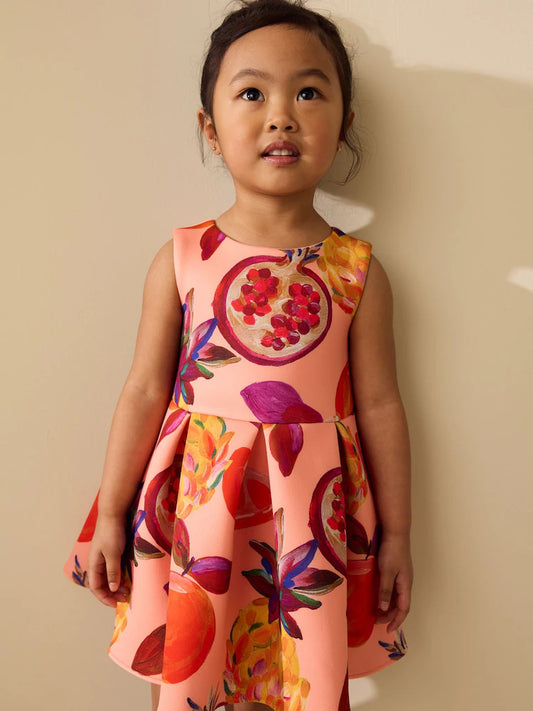 |Girl| Vestido De Festa Em Neoprene Laranja Com Estampa De Frutas (3 meses a 7 anos)