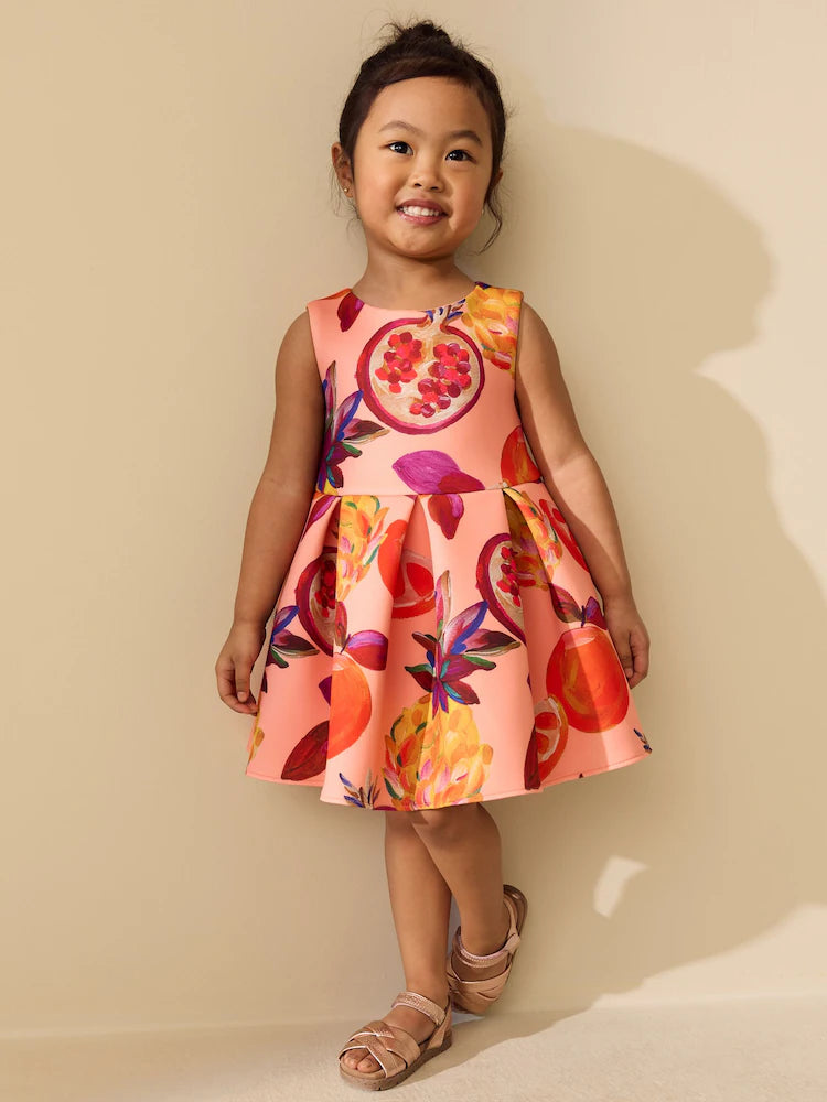 |Girl| Vestido De Festa Em Neoprene Laranja Com Estampa De Frutas (3 meses a 7 anos)