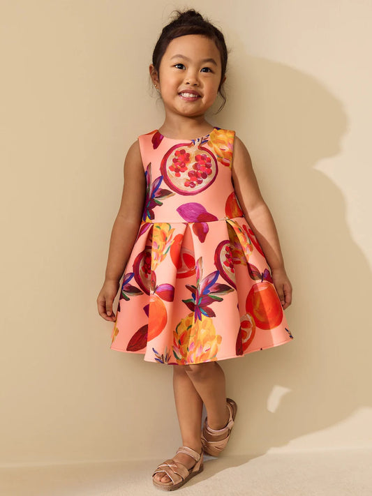|Girl| Vestido De Festa Em Neoprene Laranja Com Estampa De Frutas (3 meses a 7 anos)