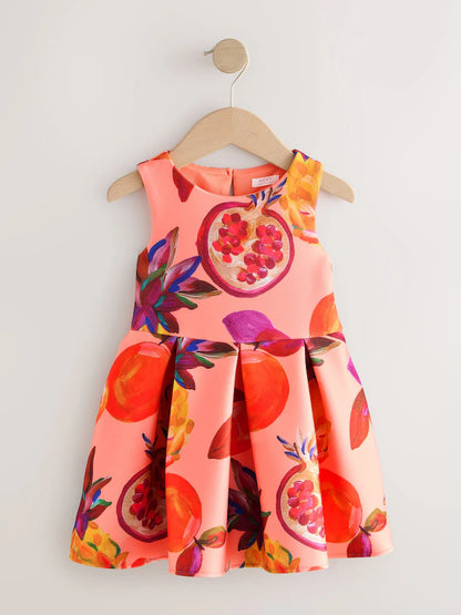 |Girl| Vestido De Festa Em Neoprene Laranja Com Estampa De Frutas (3 meses a 7 anos)