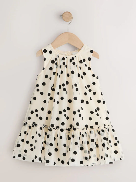 |Girl| Vestido De Festa Monocromático Com Estampa De Bolinhas e Tule (3 meses a 7 anos)