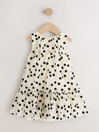 |Girl| Vestido De Festa Monocromático Com Estampa De Bolinhas e Tule (3 meses a 7 anos)