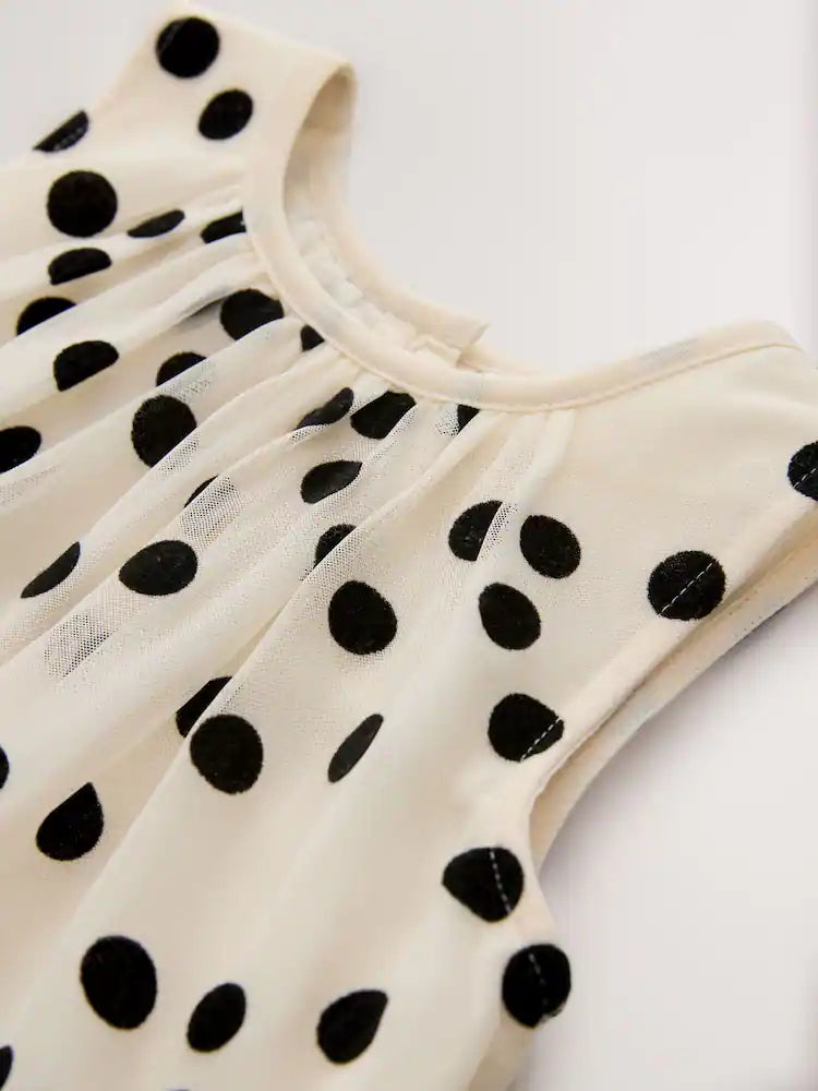 |Girl| Vestido De Festa Monocromático Com Estampa De Bolinhas e Tule (3 meses a 7 anos)