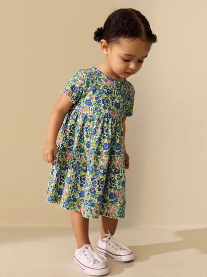 |Girl| Vestido Canelado Azul Floral De Manga Curta (3 meses a 7 anos)