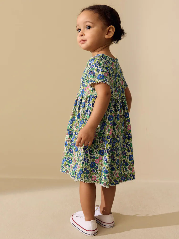 |Girl| Vestido Canelado Azul Floral De Manga Curta (3 meses a 7 anos)