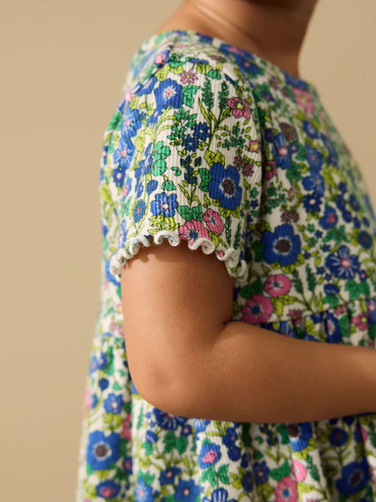|Girl| Vestido Canelado Azul Floral De Manga Curta (3 meses a 7 anos)
