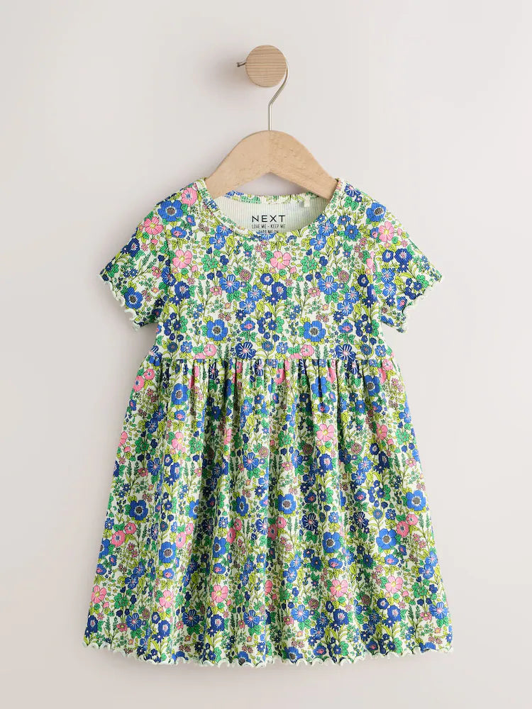 |Girl| Vestido Canelado Azul Floral De Manga Curta (3 meses a 7 anos)