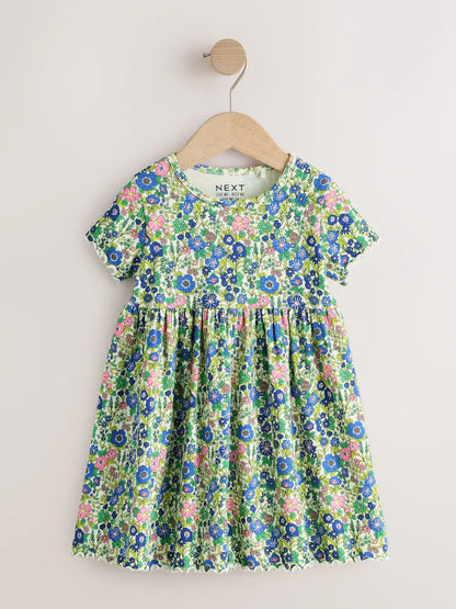 |Girl| Vestido Canelado Azul Floral De Manga Curta (3 meses a 7 anos)