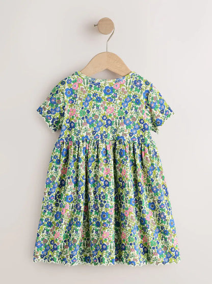 |Girl| Vestido Canelado Azul Floral De Manga Curta (3 meses a 7 anos)