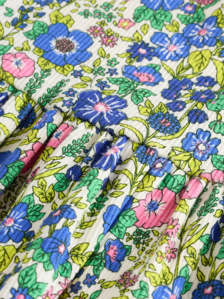 |Girl| Vestido Canelado Azul Floral De Manga Curta (3 meses a 7 anos)