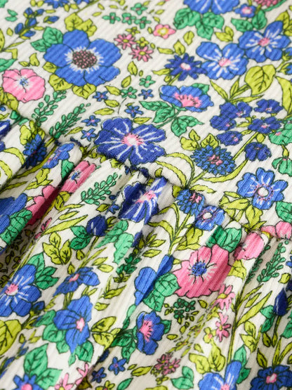 |Girl| Vestido Canelado Azul Floral De Manga Curta (3 meses a 7 anos)