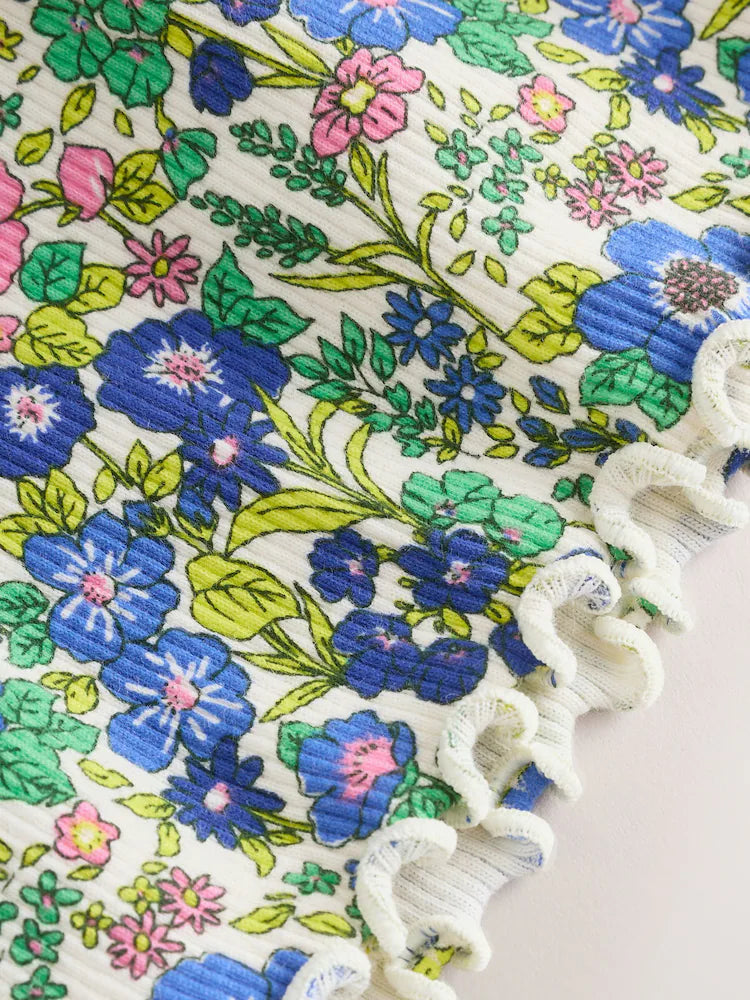 |Girl| Vestido Canelado Azul Floral De Manga Curta (3 meses a 7 anos)